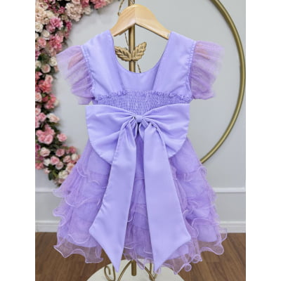 Vestido Infantil Lilás Saia C/ Babados e Glitter Festas