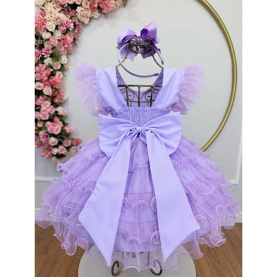 Vestido Infantil Lilás Saia C/ Babados e Glitter Festas