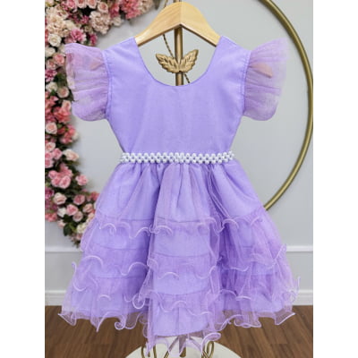 Vestido Infantil Lilás Saia C/ Babados e Glitter Festas
