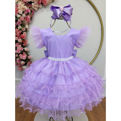 Vestido Infantil Lilás Saia C/ Babados e Glitter Festas