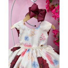 Vestido Infantil Marfim Flores Primavera Cinto de Pérolas