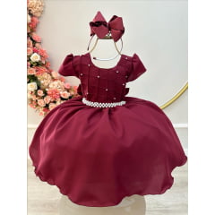 Vestido Infantil Marsala Com Busto Nervura Pérolas Daminha