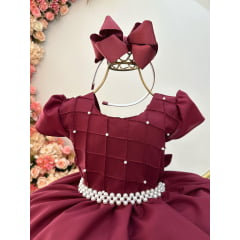 Vestido Infantil Marsala Com Busto Nervura Pérolas Daminha