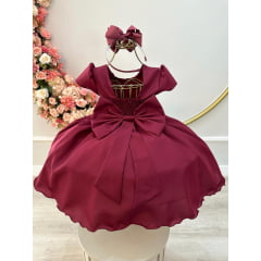 Vestido Infantil Marsala Com Busto Nervura Pérolas Daminha