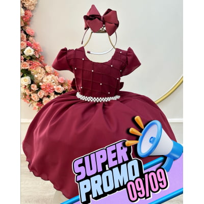 Vestido Infantil Marsala Com Busto Nervura Pérolas Daminha