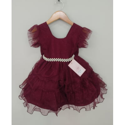 Vestido Infantil Marsala Saia C/ Babados e Glitter Festas