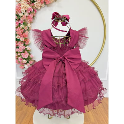 Vestido Infantil Marsala Saia C/ Babados e Glitter Festas