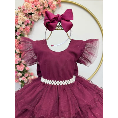 Vestido Infantil Marsala Saia C/ Babados e Glitter Festas