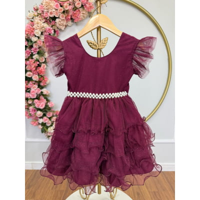 Vestido Infantil Marsala Saia C/ Babados e Glitter Festas