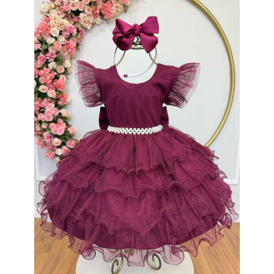 Vestido Infantil Marsala Saia C/ Babados e Glitter Festas