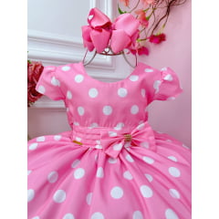 Vestido Infantil Minnie Rosa Bolinas Brancas Aplique de Laço