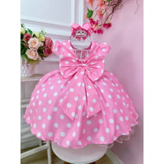 Vestido Infantil Minnie Rosa Bolinas Brancas Aplique de Laço