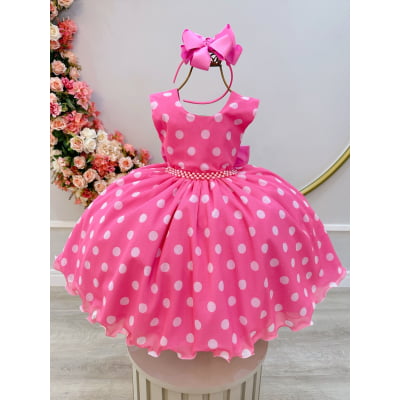 Vestido Infantil Minnie Rosa Bolinhas Brancas Festas Luxo