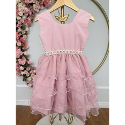 Vestido Infantil Nude Saia C/ Babados e Glitter Daminha