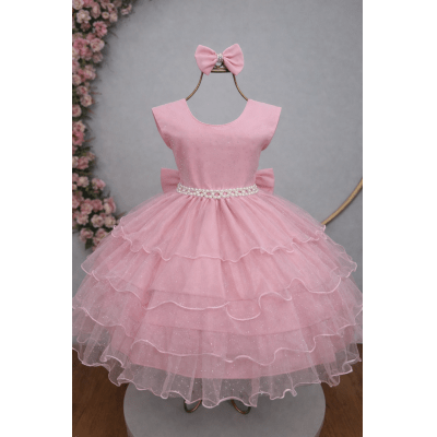 Vestido Infantil Nude Saia C/ Babados e Glitter Daminha