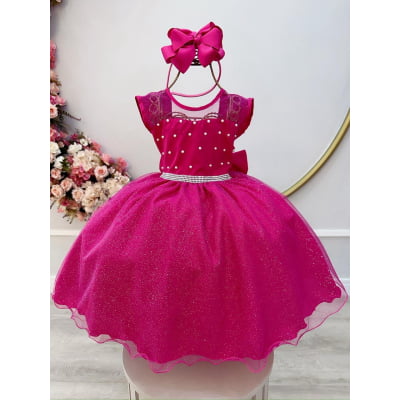 Vestido Infantil Pink com Pérolas Saia C/ Glitter Daminhas