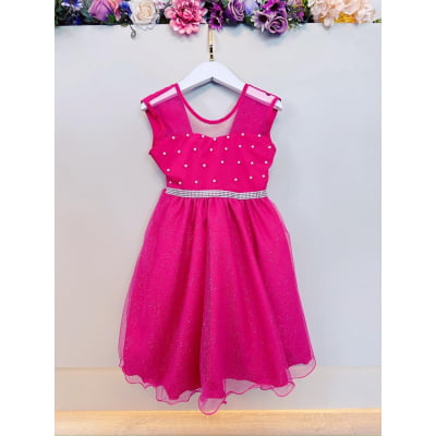 Vestido Infantil Pink com Pérolas Saia C/ Glitter Daminhas