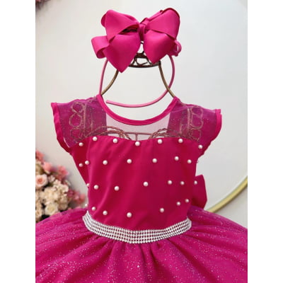 Vestido Infantil Pink com Pérolas Saia C/ Glitter Daminhas