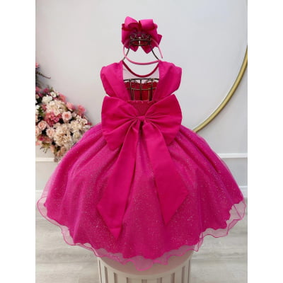 Vestido Infantil Pink com Pérolas Saia C/ Glitter Daminhas
