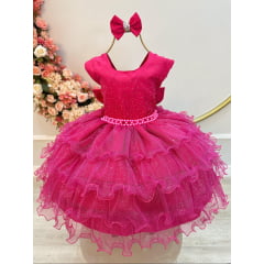 Vestido Infantil Pink Saia C/ Babados e Glitter Daminha