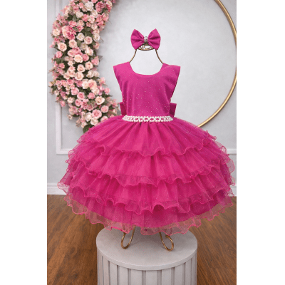 Vestido Infantil Pink Saia C/ Babados e Glitter Festas