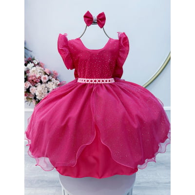 Vestido Infantil Pink Saia C/ Tule e Glitter Daminhas