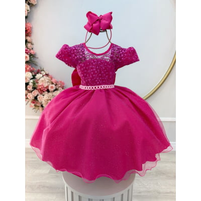 Vestido Infantil Pink Tule Bordado com Glitter Daminhas