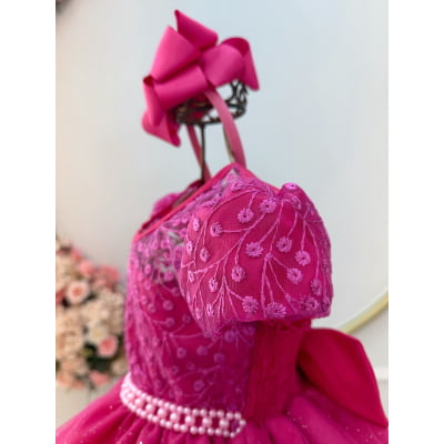 Vestido Infantil Pink Tule Bordado com Glitter Daminhas