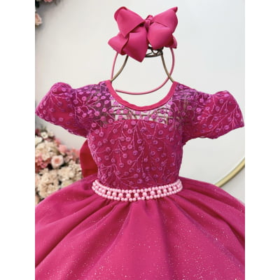 Vestido Infantil Pink Tule Bordado com Glitter Daminhas