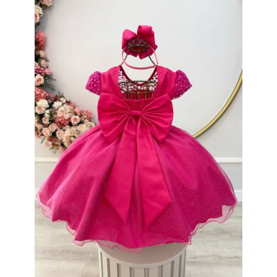Vestido Infantil Pink Tule Bordado com Glitter Daminhas