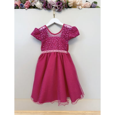 Vestido Infantil Pink Tule Bordado com Glitter Daminhas