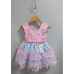 Vestido Infantil Rosa Busto Com Nervura Saia Babados Coloridos