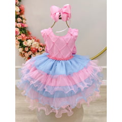 Vestido Infantil Rosa Busto Com Nervura Saia Babados Coloridos