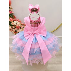 Vestido Infantil Rosa Busto Com Nervura Saia Babados Coloridos