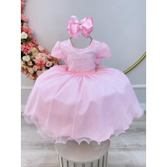 Vestido Infantil Rosa Claro Busto Nervura Pérolas e Glitter