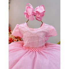 Vestido Infantil Rosa Claro Busto Nervura Pérolas e Glitter