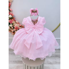 Vestido Infantil Rosa Claro Busto Nervura Pérolas e Glitter