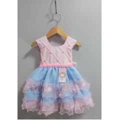 Vestido Infantil Rosa Claro Busto Nervura Saia Babados Coloridos