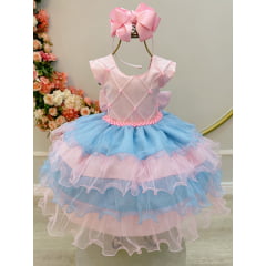 Vestido Infantil Rosa Claro Busto Nervura Saia Babados Coloridos