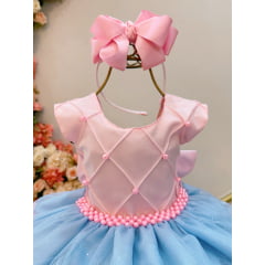 Vestido Infantil Rosa Claro Busto Nervura Saia Babados Coloridos