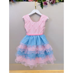 Vestido Infantil Rosa Claro Busto Nervura Saia Babados Coloridos