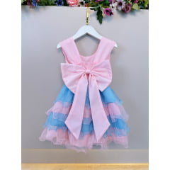 Vestido Infantil Rosa Claro Busto Nervura Saia Babados Coloridos