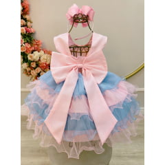 Vestido Infantil Rosa Claro Busto Nervura Saia Babados Coloridos