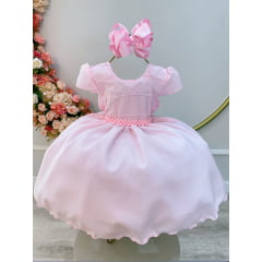 Vestido Infantil Rosa Claro C/ Busto Nervura Pérolas Daminha