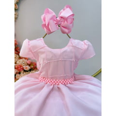 Vestido Infantil Rosa Claro C/ Busto Nervura Pérolas Daminha