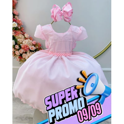 Vestido Infantil Rosa Claro C/ Busto Nervura Pérolas Daminha