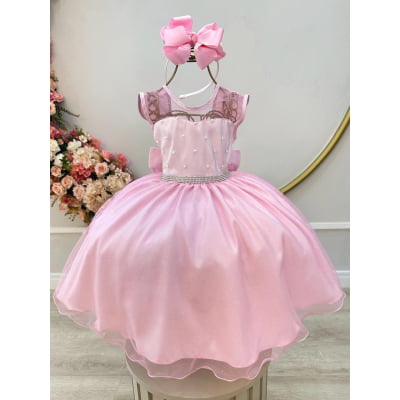 Vestido Infantil Rosa Claro Pérolas Saia C/ Glitter Daminhas