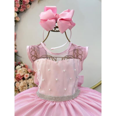 Vestido Infantil Rosa Claro Pérolas Saia C/ Glitter Daminhas