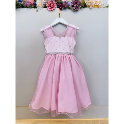 Vestido Infantil Rosa Claro Pérolas Saia C/ Glitter Daminhas