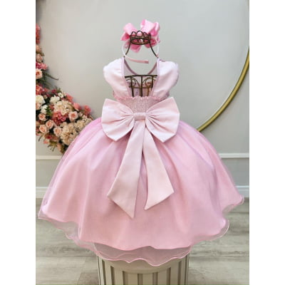 Vestido Infantil Rosa Claro Pérolas Saia C/ Glitter Daminhas
